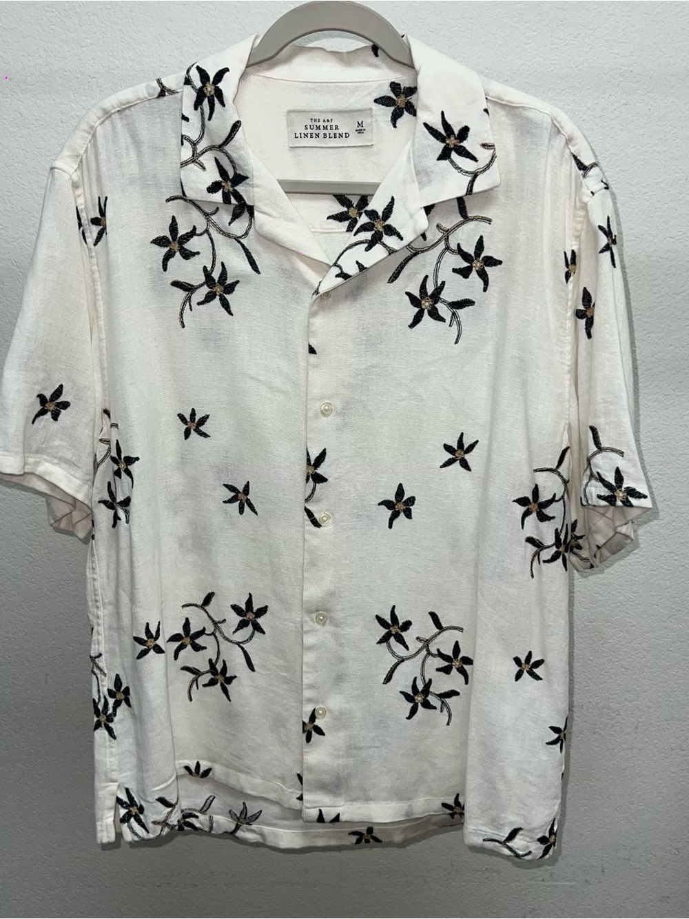 Abercrombie Summer Linen Blend Men's Short-Sleeve Shirt White Floral Embroidery
